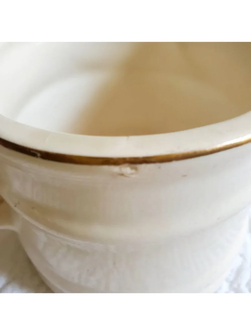 Vtg NOS Barber Shop Shaving Mug Brown on ivory Gold Rim 15 oz Ceramic Cup READ